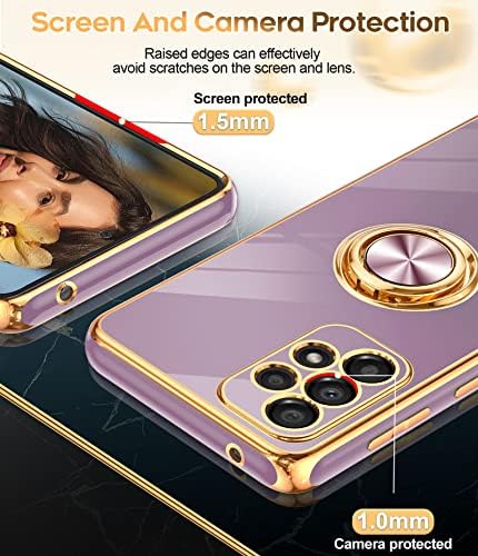 Leyi for Samsung Galaxy A53 5G Case עם מגן מסך זכוכית מחוסמת [2 חבילה] 360 ° מחזיק טבעת סיבוב מגנטית, ציפוי מקרה מגן על קצה זהב ורד, סגול